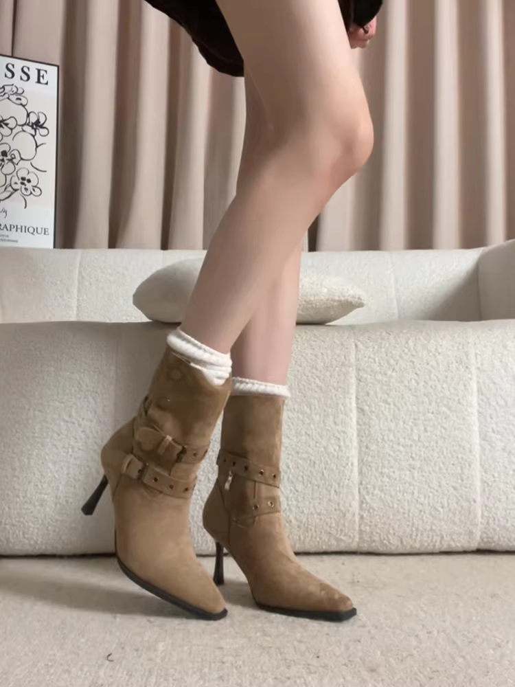 Phiên bản da bò ~ Giày bốt cao gót mũi vuông thời trang dành cho nữ, thời trang thu đông, có khóa thắt lưng, bốt da lộn thon gọn đến mắt cá chân