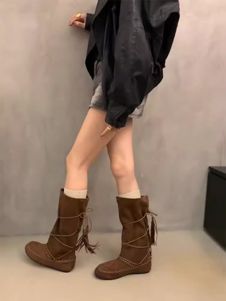 Phiên bản da bò ~ Giày bốt cao cổ thời trang phong cách Bohemian dành cho nữ, thiết kế tua rua da lộn cổ điển tôn dáng kiểu phương Tây