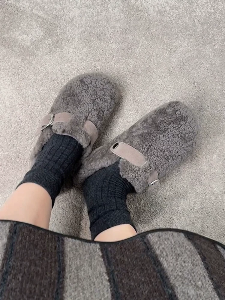 Phiên bản da cừu ~ Giày Birkenstock lông màu xám cổ điển, áo khoác ngoài bằng len cừu, giày cotton mùa đông đế bằng ấm áp thoải mái dành cho nữ