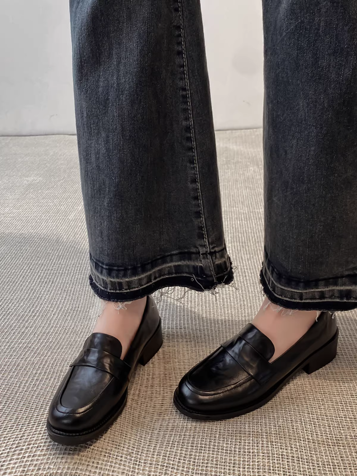 Pear Xiaoqi~ Giày lười da thật xếp ly kiểu cổ điển dành cho nữ, giày da nhỏ kiểu Anh, giày đế bằng.