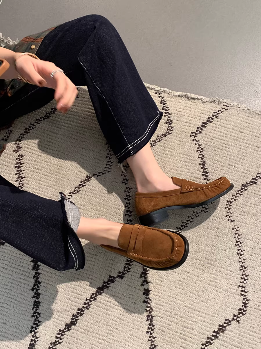 Phiên bản da bò ~ Giày da Melard màu nâu dành cho nữ, kiểu dáng cổ điển Anh, kiểu lười mũi tròn, gót thấp, thích hợp đi làm