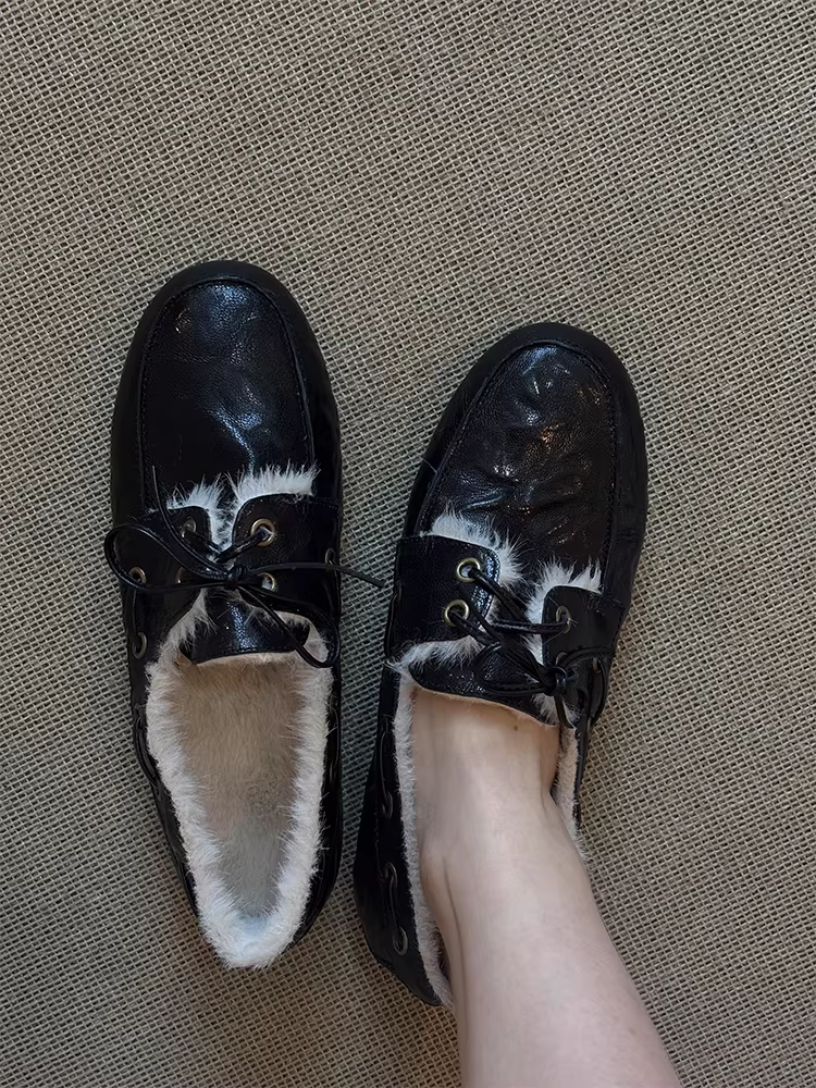 Phiên bản da cừu ~ Giày lười buộc dây nhẹ, giản dị, thoải mái, đế mềm dành cho nữ, da thật, thời trang cổ điển, giày da nhỏ kiểu slip-on