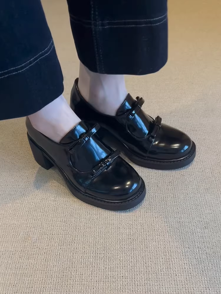 Phiên bản da cừu ~ Giày lười cao gót bằng da sáng chế dành cho nữ, giày đơn gót nhọn thắt nơ thanh lịch kiểu Pháp, giày da đen phong cách Anh