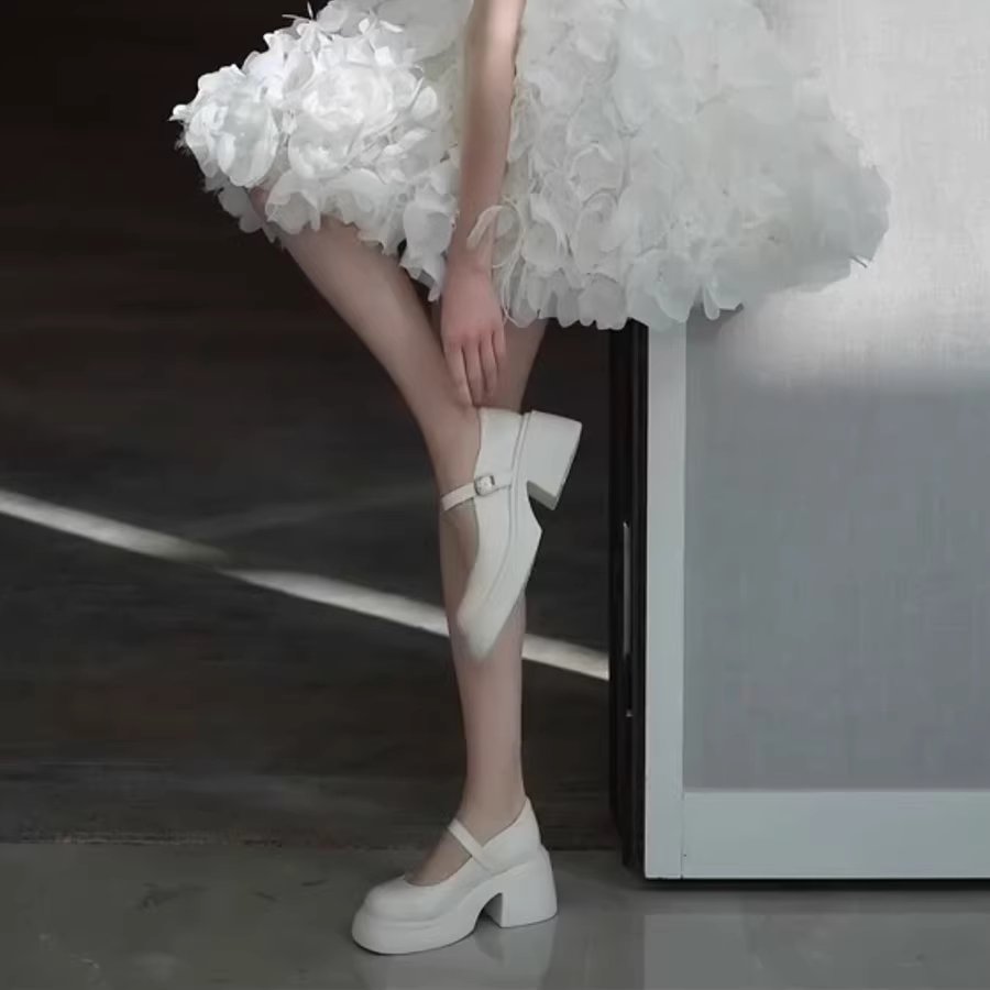 Pear Xiaoqi~ Giày Mary Jane màu trắng dành cho nữ, giày dạ hội phong cách Pháp, da thật, gót dày, đế dày, giày cưới, giày phù dâu thanh lịch