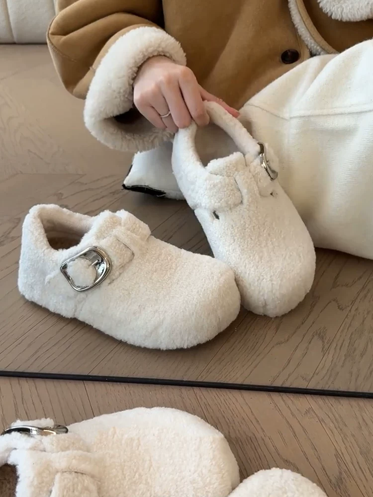 Phiên bản da cừu ~ Giày Birkenstock lót lông ấm áp mùa thu đông dành cho nữ, giày lười đế dày một quai khoét sâu dành cho người nhỏ nhắn.