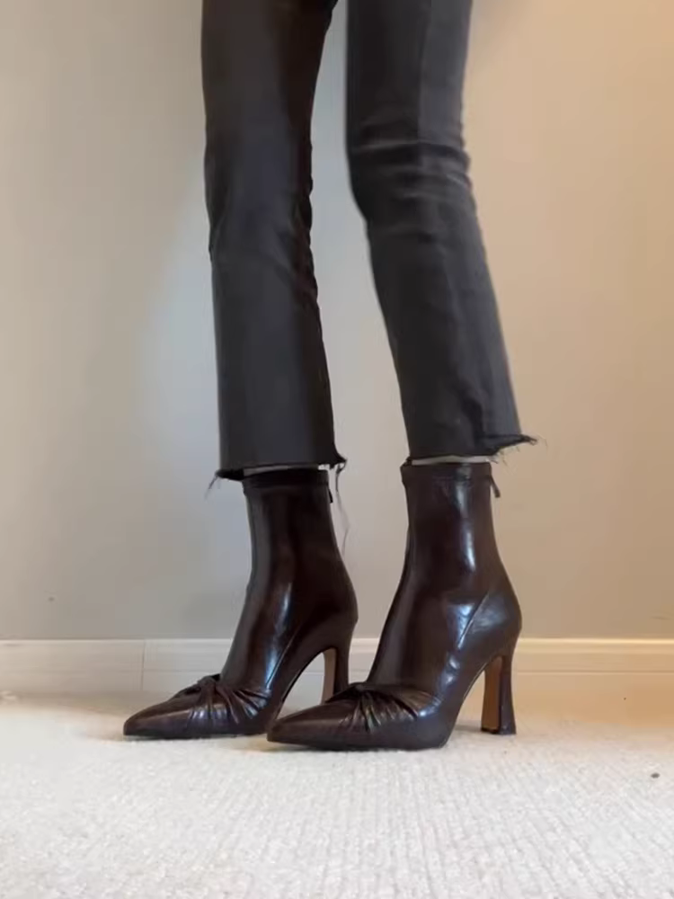 Phiên bản da bò~Giày cao gót cổ điển kiểu Pháp dành cho nữ, giày bốt da thật mũi nhọn co giãn, giày bốt ngắn có dây kéo thắt nơ mũi nhọn