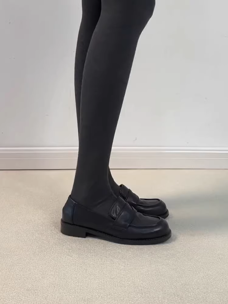 Phiên bản da cừu ~ Giày lười da thật đơn giản kiểu cổ điển dành cho nữ, giày công sở đế thấp màu đen đa năng