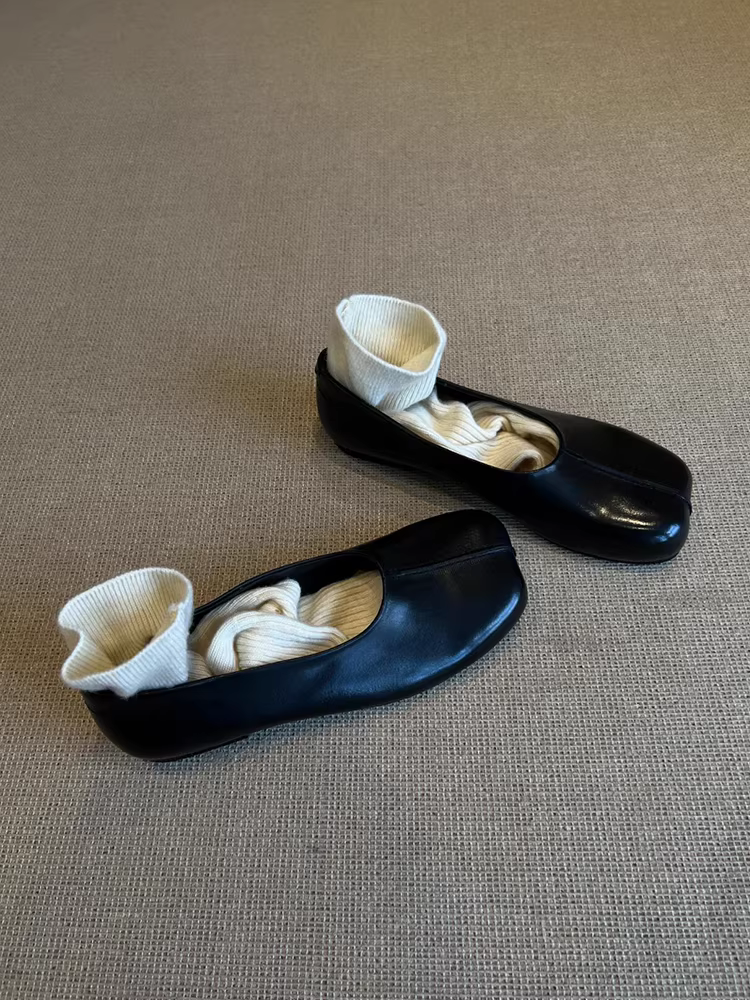 Phiên bản da cừu ~ Giày đơn giản kiểu retro dành cho nữ với thiết kế mũi vuông, giày ba lê đế bằng đa năng bằng da thật