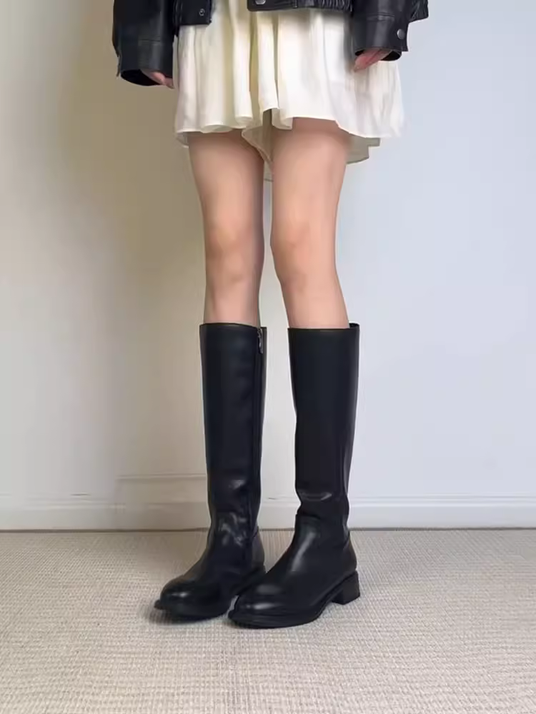 Phiên bản da bò ~ Giày bốt cao gót kiểu cổ điển kiểu Pháp dành cho nữ, bốt cao quá đầu gối màu đen, bốt cưỡi ngựa thon gọn và đa năng.