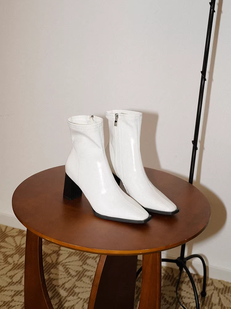 Giày bốt ngắn thon gọn mũi vuông kiểu dáng quả lê dành cho nữ, da thật phong cách Pháp, khóa kéo phía sau đơn giản, bốt cao gót thời trang thon gọn