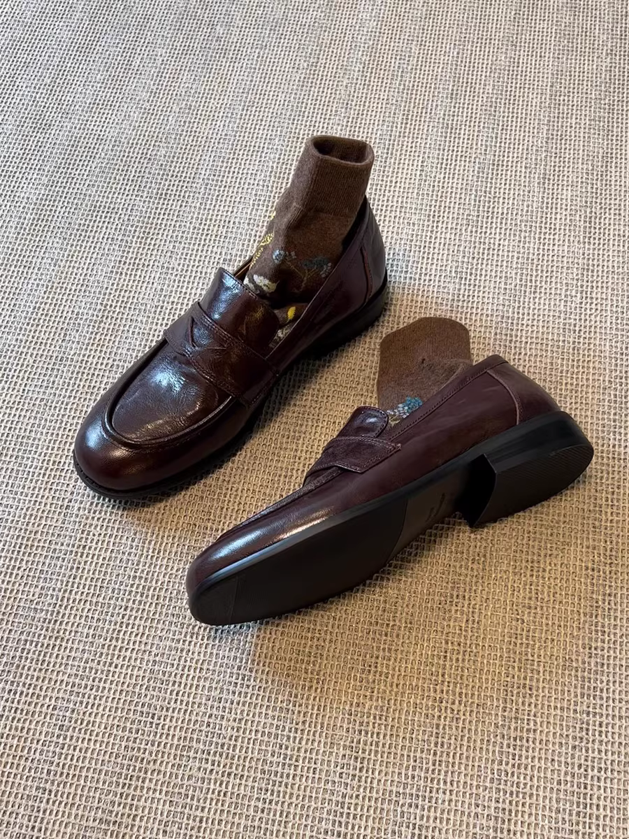 Phiên bản da cừu ~ giày lười da thật cổ điển dành cho nữ, gót dày, giày đế bằng, giày da nhỏ kiểu Anh, giày lười