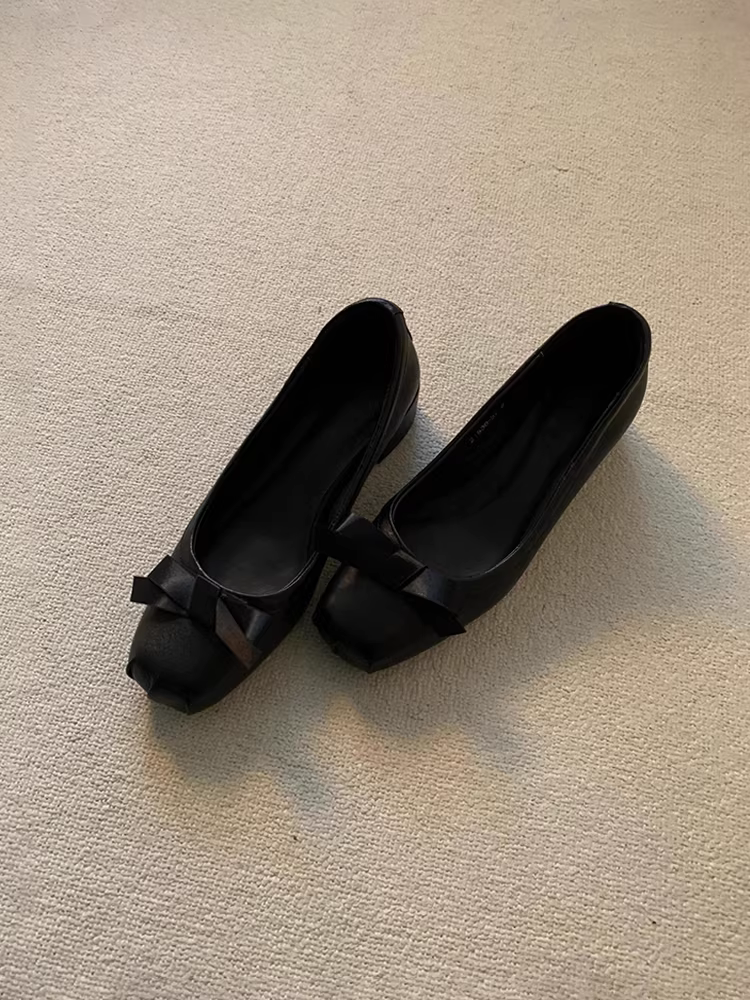 Phiên bản da cừu ~ Giày múa ba lê mũi vuông cổ điển dành cho nữ, giày da thật màu đen gót dày, giày đi làm miệng nông thắt nơ dành cho nữ