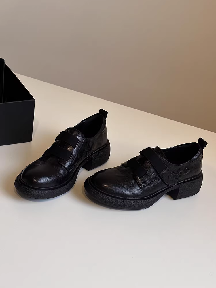 Phiên bản da cừu ~ Giày lười đế dày kiểu Anh dành cho nữ, giày da thật kiểu dáng thoải mái, gót dày, êm ái, giày da nhỏ gọn.