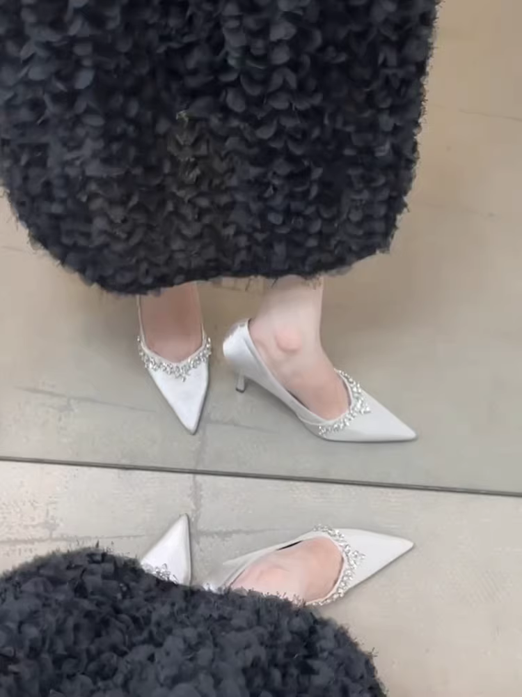 Phiên bản da cừu ~ Giày cao gót đính đá kiểu Pháp tuyệt đẹp dành cho nữ, giày da thật kiểu dáng nông dễ mang, phối hợp với váy, giày phù dâu.