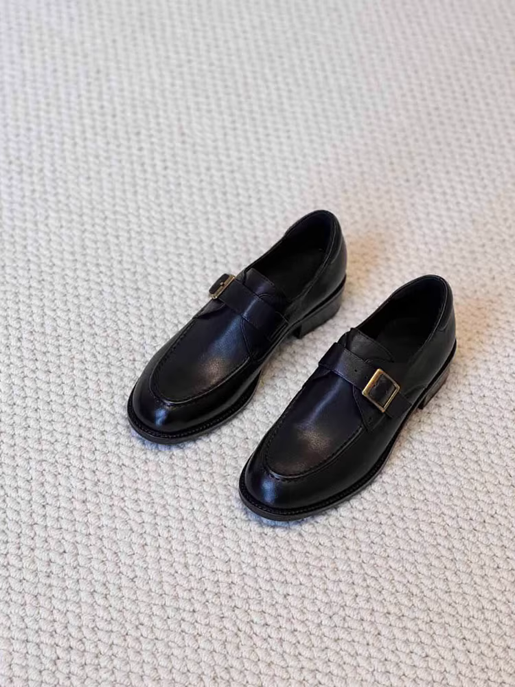 Phiên bản da cừu ~ Giày lười mũi tròn đế thấp dành cho nữ, giày lười da thật có khóa thắt lưng, giày da nhỏ màu đen