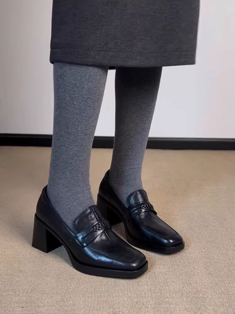 Phiên bản da cừu ~ Giày lười cao gót da thật thiết kế mới đầu xuân dành cho nữ, mũi vuông, giày da nhỏ đa năng và thanh lịch