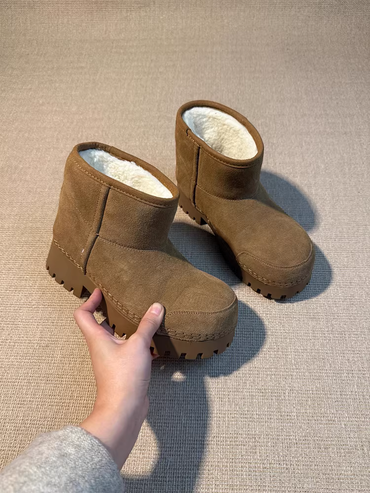 Phiên bản da bò ~ Giày bốt đi tuyết đế dày bằng da cừu cổ điển, da thật, đa năng, dễ thương và độc đáo, giày bốt cotton kiểu dáng dễ mang