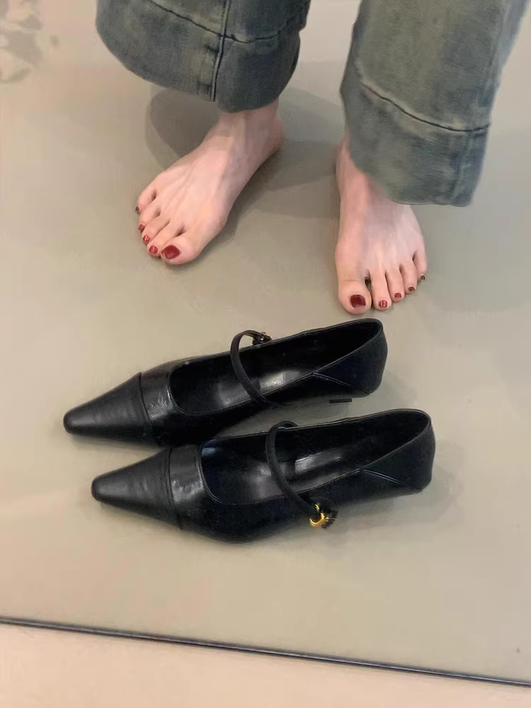 Phiên bản da cừu ~ Giày bệt mũi nhọn cao cấp, gót thấp thanh lịch dành cho nữ, giày Mary Jane cổ thấp bằng da thật, kiểu retro có dây quai mắt cá chân