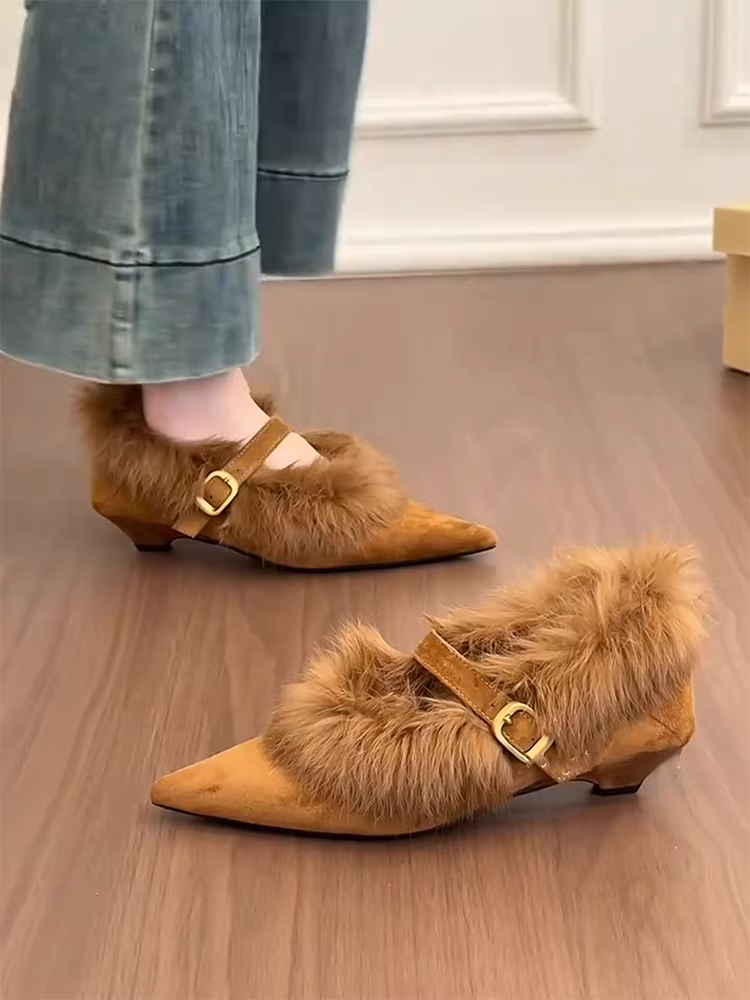 Phiên bản da cừu ~ Giày đế bệt kiểu dáng cổ điển Melard dành cho nữ với mũi nhọn và giày Mary Jane lông mềm