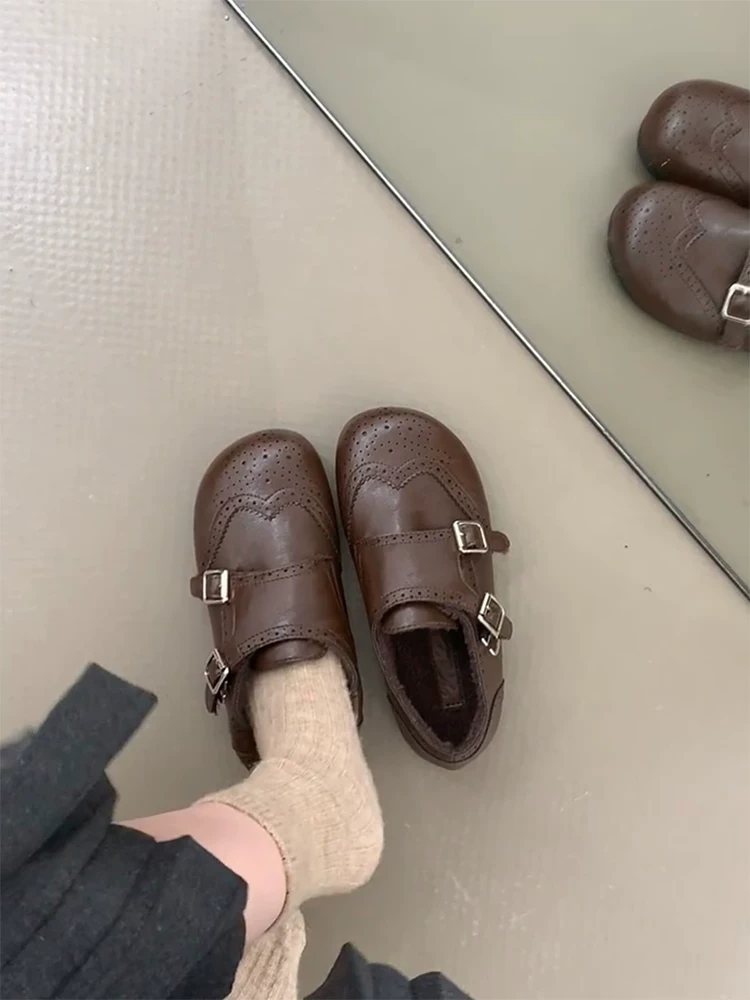 Phiên bản da cừu ~ Giày lười da thật phong cách cổ điển dành cho nữ với quai khóa đôi, kiểu dáng khoét sâu, lót lông cừu, giày da đế bằng kiểu lười