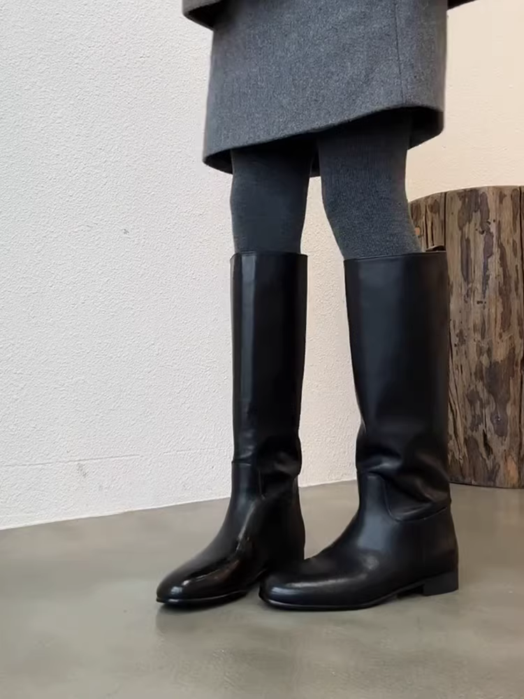 Phiên bản da bò ~ Giày bốt cưỡi ngựa dày đế đen dành cho nữ, kiểu dáng cổ điển đơn giản bằng da thật, giày cao đến đầu gối, đế thấp, thời trang, dài đến đầu gối