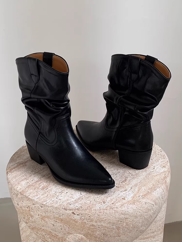 Phiên bản da bò ~ Giày bốt xếp ly kiểu dáng thời trang phong cách wasteland bằng da thật dành cho nữ, giày bốt kiểu phương Tây mũi nhọn cổ điển, đế dày, đi ngoài trời