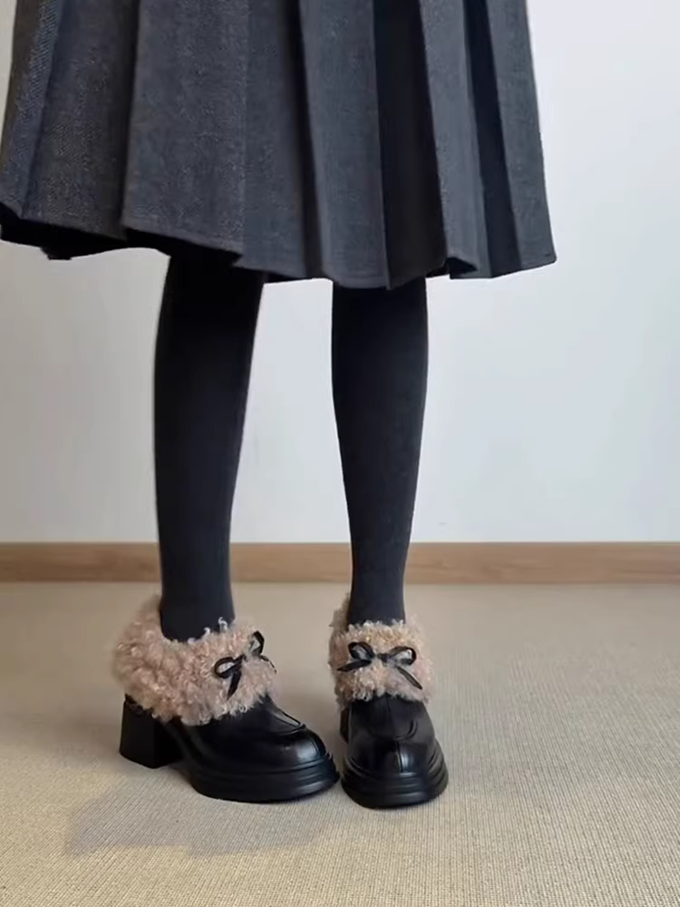 Phiên bản da cừu ~ Giày lười cổ sâu kiểu Pháp dành cho nữ, da thật, đế dày, gót dày, khóa kéo bên hông, giày lông xù kiểu slip-on