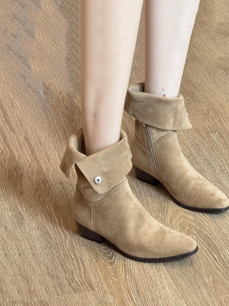 Giày bốt da cừu kiểu cổ điển, hai kiểu đeo, chất liệu da mờ, dành cho nữ, kiểu dáng đơn giản, gót dày, đi ngoài trời, sa mạc, xếp ly, kiểu xếp chồng.