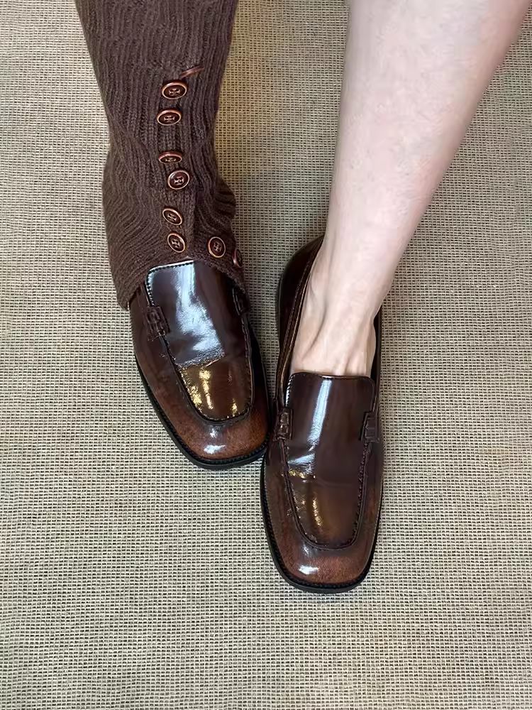 Phiên bản da cừu ~ Giày lười mũi vuông tối giản phong cách tiền cổ điển thời thượng dành cho nữ, giày da thật đế thấp kiểu Anh, kiểu dáng nhỏ gọn, dễ mang.