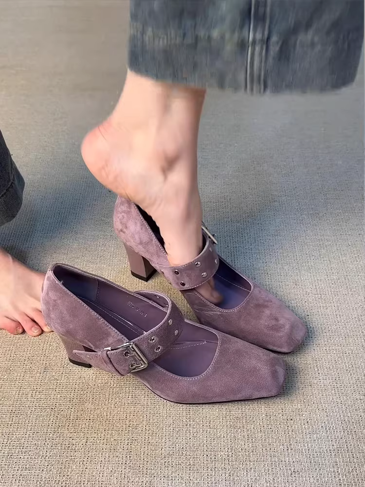 Phiên bản da cừu ~ Giày cao gót nông bằng da mờ có khóa một dây dành cho nữ, mũi vuông, phong cách cổ điển, giày Mary Jane đa năng