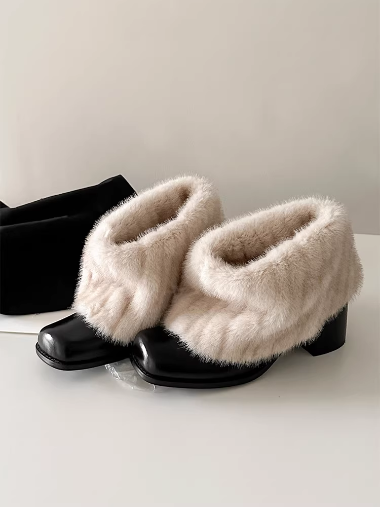 Phiên bản da bò ~ Giày bốt đi tuyết ấm áp, thời trang, độc đáo dành cho nữ, mũi vuông kiểu Pháp, gót dày, lót lông cừu mùa đông, giày bốt cotton lót lông.