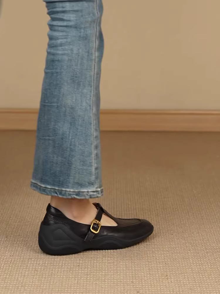 Phiên bản da cừu ~ Giày lười Mary Jane có dây đeo chữ T phong cách thể thao bằng da thật dành cho nữ, giày da nhỏ đế dày rỗng kiểu cổ điển.