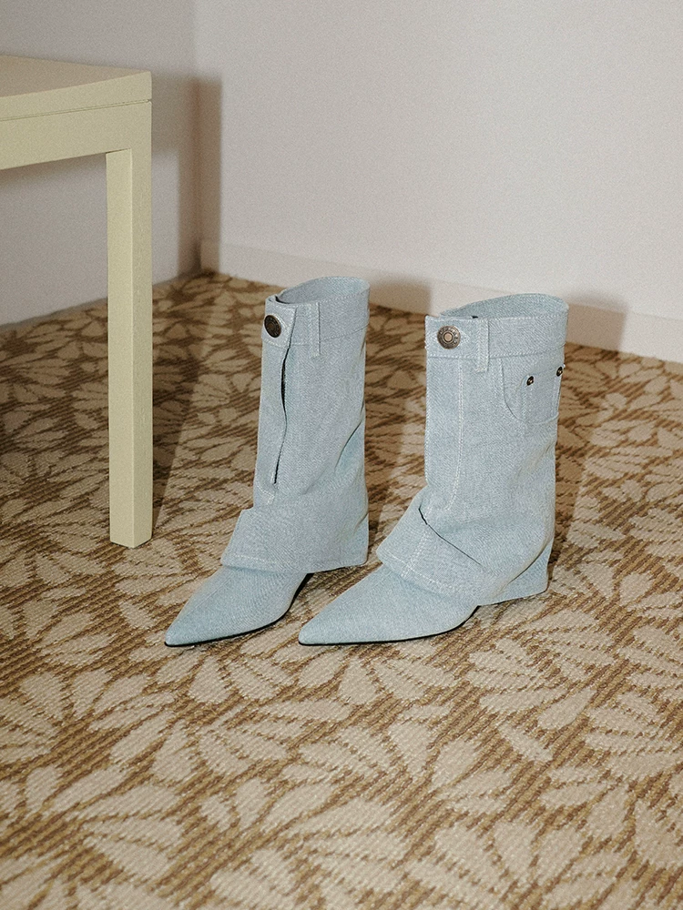 Pear Xiaoqi~ Giày bốt denim xanh mới thời trang cá tính phong cách đường phố hot girl kiểu bootcut mũi nhọn khóa kéo thời trang nữ