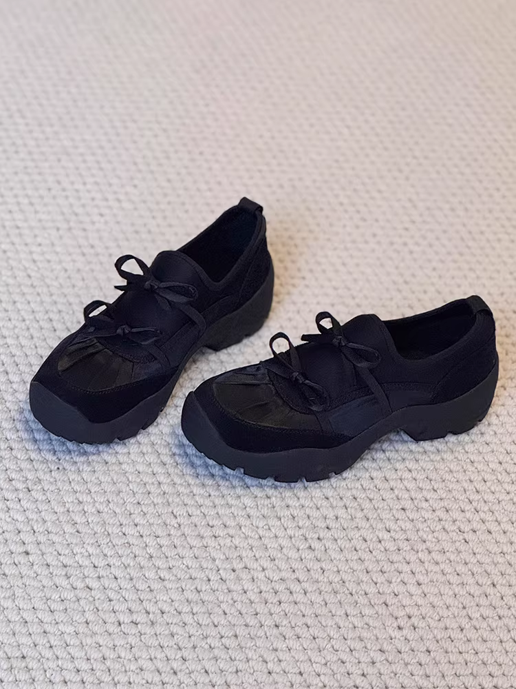 Phiên bản da bò~Giày lười cổ điển kiểu ballet dành cho nữ, giày thể thao đế dày có nơ bằng da lộn kiểu dáng thể thao đế dày