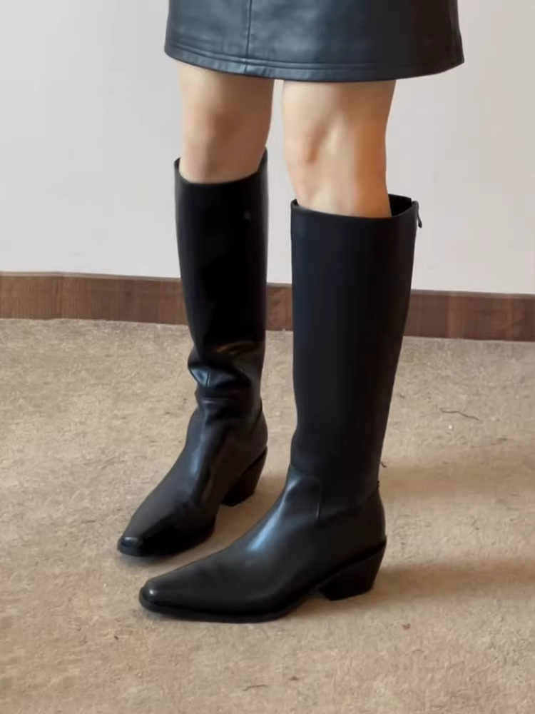 Phiên bản da bò ~ Giày bốt cưỡi ngựa đế vuông, gót dày dành cho nữ, bốt da thật màu đen cổ điển cao quá đầu gối, bốt có khóa kéo phía sau giúp thon gọn.