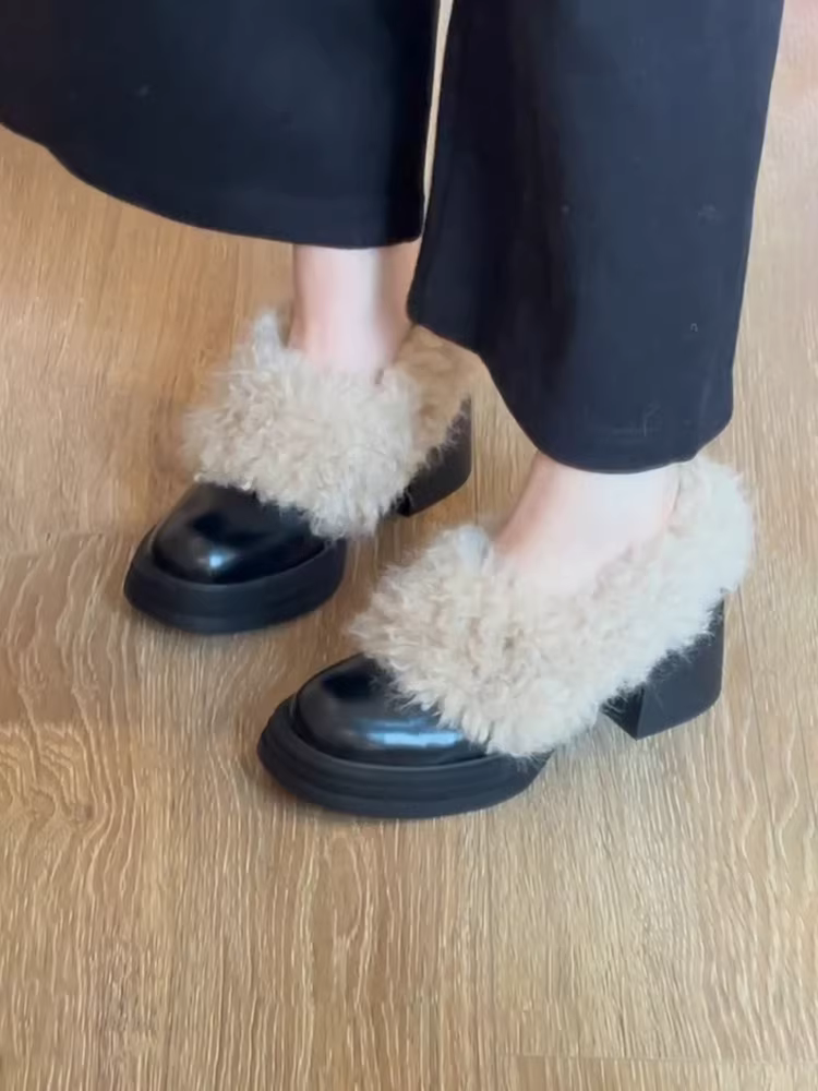 Phiên bản da bò ~ Giày lông đế dày dành cho nữ, giày lười da thật cổ điển, giày cao gót đa năng bằng len cừu, giày cotton ấm áp