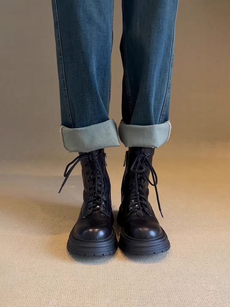 Phiên bản da bò ~ Giày bốt Martin đế dày mũi tròn bằng da thật dành cho nữ, đa năng, thon gọn, buộc dây, bốt ngắn phong cách cổ điển kiểu Anh