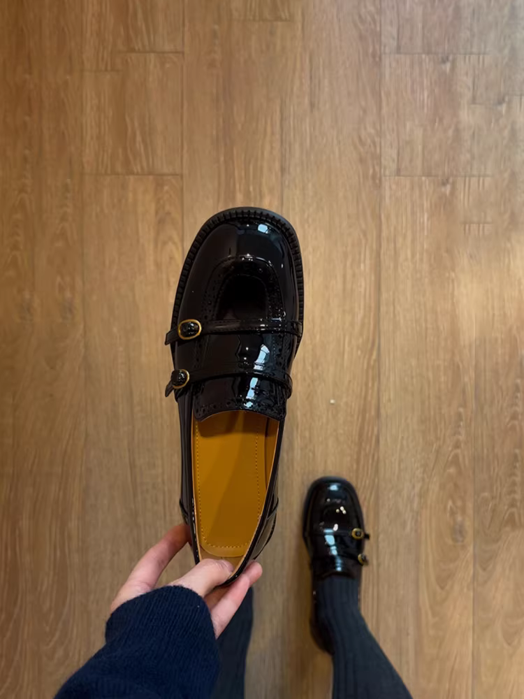 Phiên bản da cừu ~ Giày lười nữ da bóng kiểu Anh Pháp, đế thấp, mũi tròn, đi làm