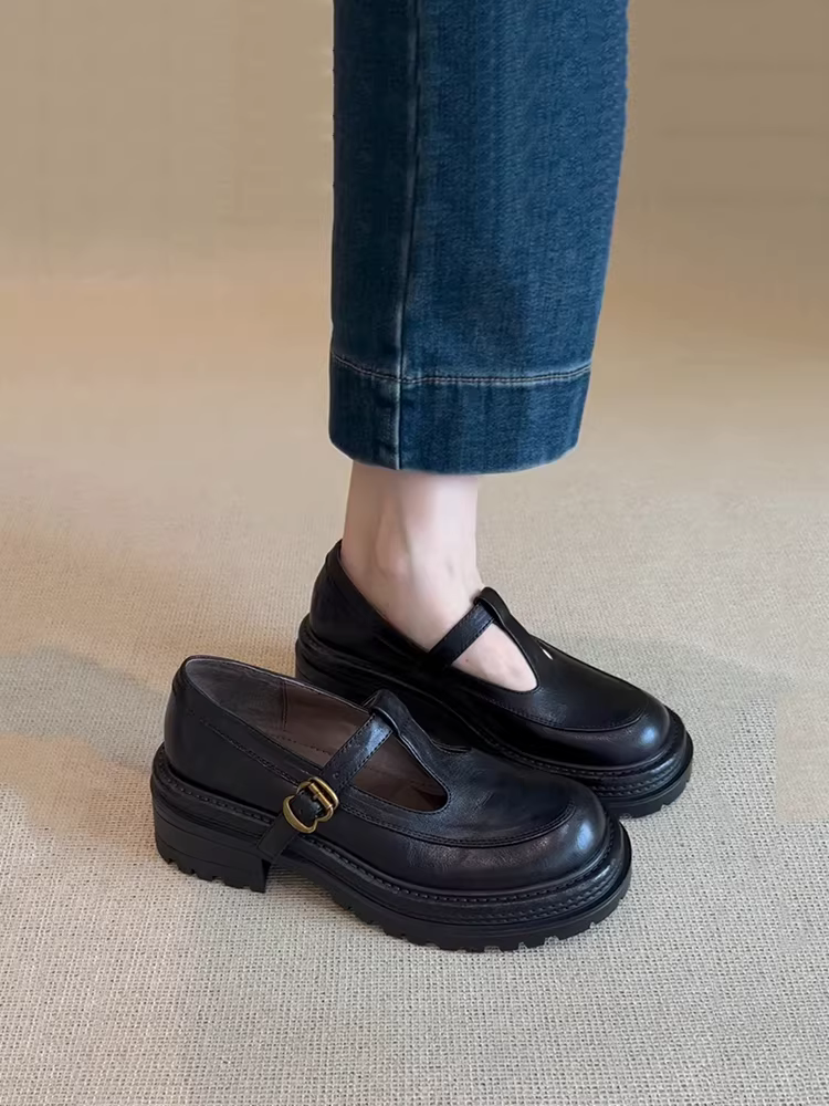 Phiên bản da cừu ~ Giày Mary Jane đế dày có khóa chữ T kiểu Anh, da thật, giày đế dày dành cho nữ, giày lười đế dày mùa xuân và mùa thu mới.