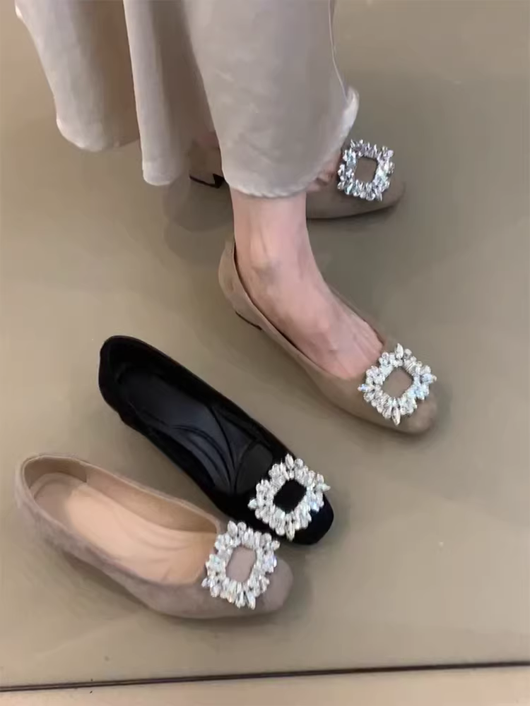 Phiên bản da cừu ~ Giày cao gót thoải mái theo phong cách Pháp dành cho nữ, giày đơn mũi vuông đa năng theo phong cách Pháp và Hàn Quốc, đính đá sang trọng, phong cách buổi tối