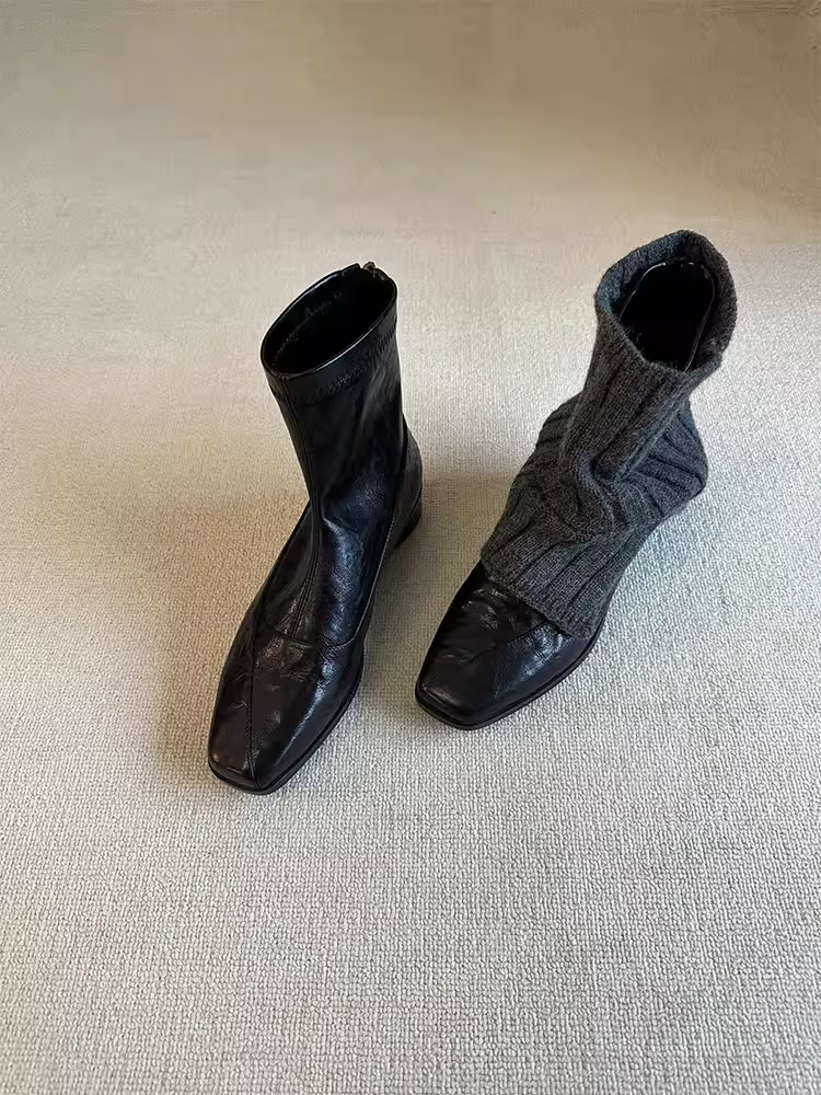 Phiên bản da bò ~ Giày bốt cổ ngắn đa năng mũi vuông bằng da thật tối giản dành cho nữ, giày bốt thon gọn có dây kéo phía sau kiểu cổ điển, giày bốt Martin.