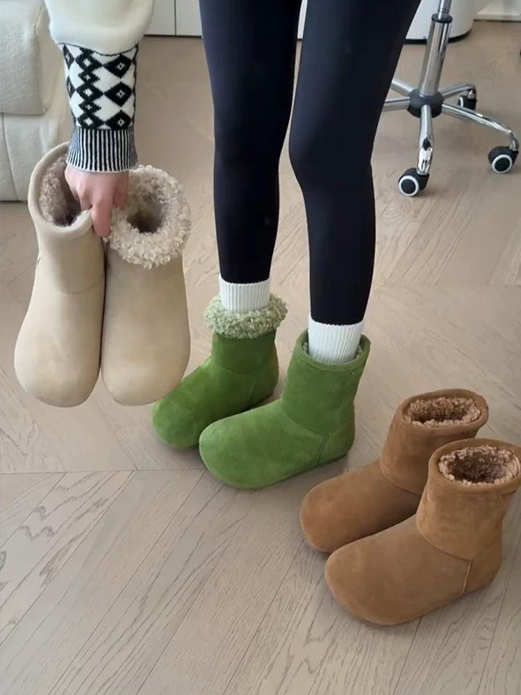 Phiên bản da bò ~ Giày bốt nữ bằng vải cotton, da lộn, kiểu dáng độc đáo, lạ mắt, màu xanh lá cây, thời trang, có đế tăng chiều cao ẩn và lót lông cừu, kiểu dáng như giày Birkenstock.