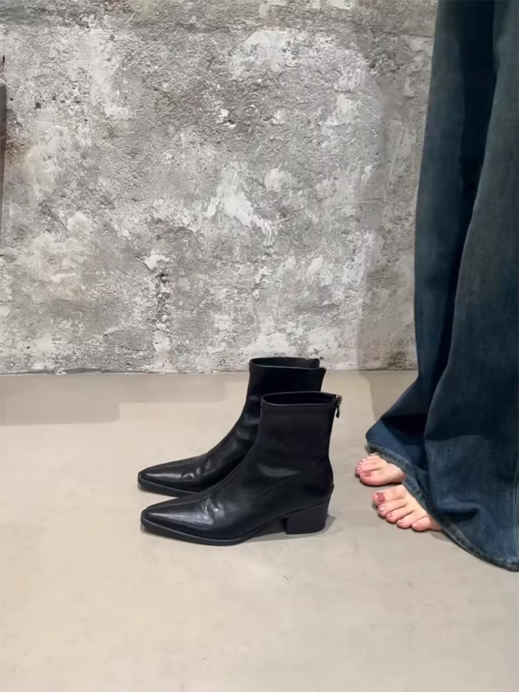 Phiên bản da bò ~ Giày bốt đế dày đa năng, thời trang, kiểu dáng thanh lịch dành cho nữ, kiểu dáng cổ điển đơn giản, khóa kéo phía sau, giúp thon gọn, giày bốt ngắn thời trang