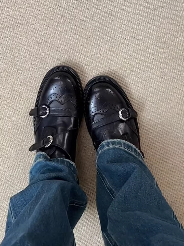 Phiên bản da cừu ~ Giày da kiểu Anh dành cho nữ, giày da thật cao gót kiểu chunky thiết kế thời trang có khóa thắt lưng, giày lười mũi tròn