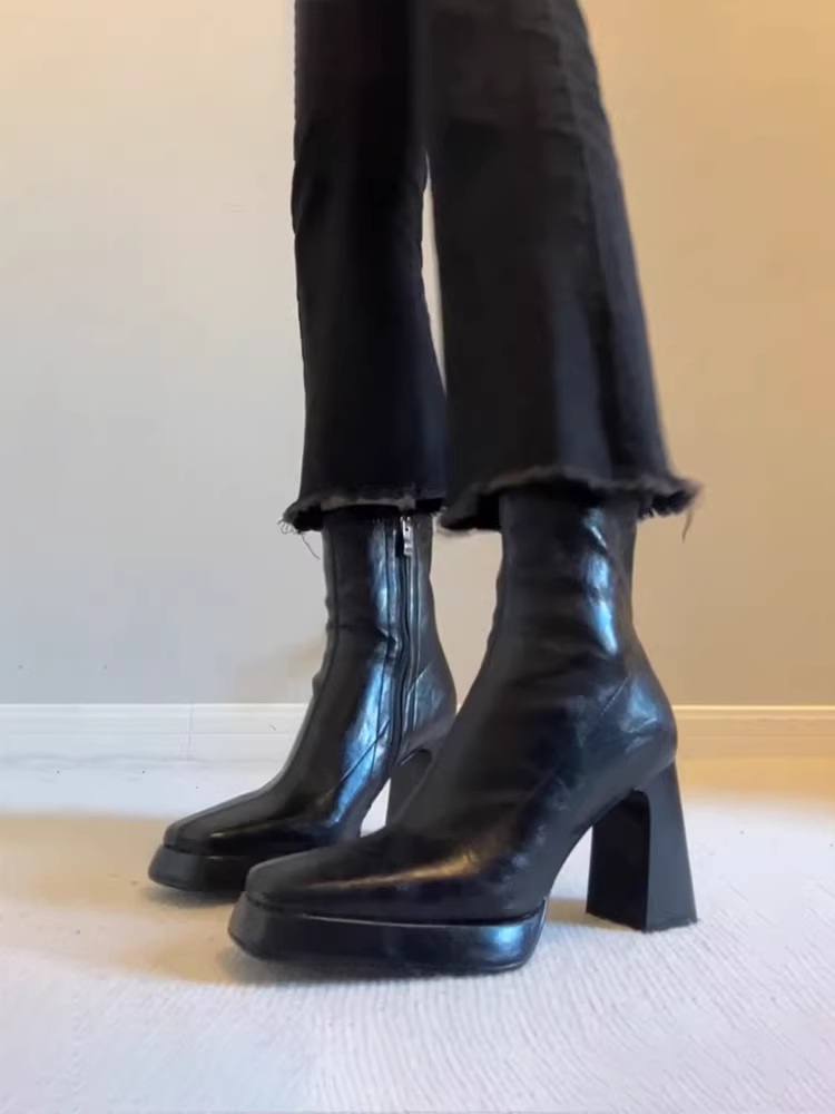 Phiên bản da bò~ Giày bốt ngắn da thật cao gót kiểu Pháp dành cho nữ có đế chống thấm nước, giày bốt Martin co giãn tăng chiều cao, mũi vuông, gót dày, bốt ôm sát.