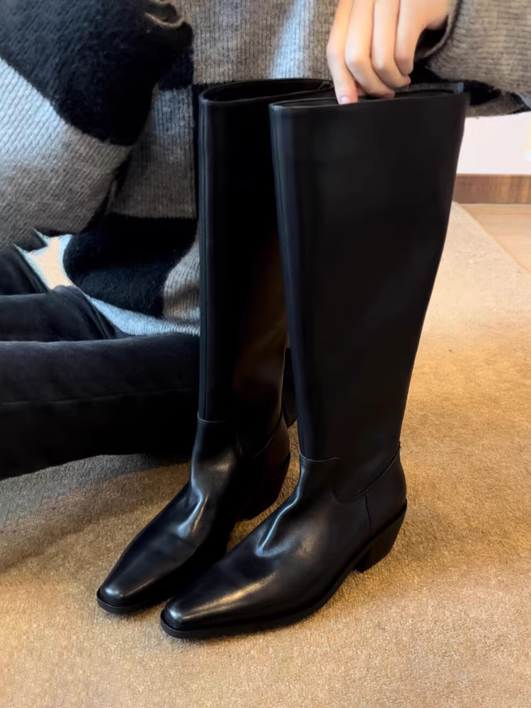 Phiên bản da bò ~ Giày bốt cưỡi ngựa đế vuông, gót dày dành cho nữ, bốt da thật màu đen cổ điển cao quá đầu gối, bốt có khóa kéo phía sau giúp thon gọn.