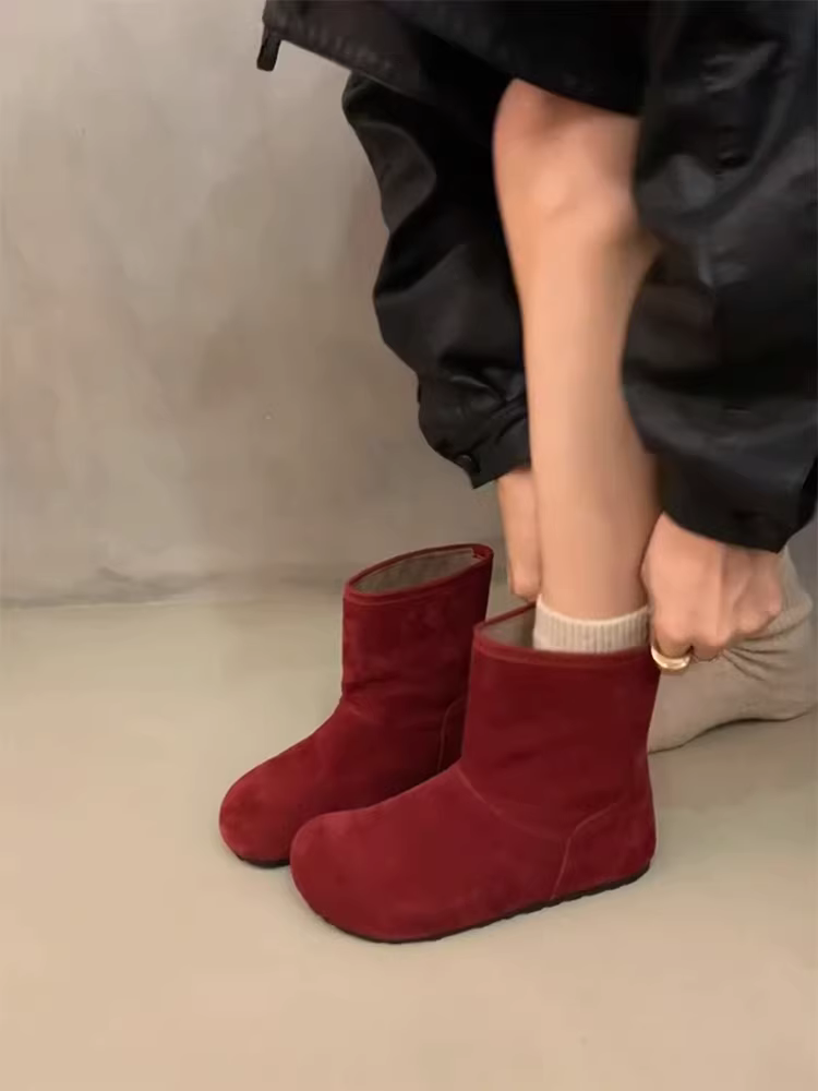 Phiên bản da bò ~ Giày bốt cotton kiểu Birkenstock mũi tròn màu đỏ cổ điển thanh lịch dành cho nữ, giày bốt đi tuyết đế cao bằng da lộn đơn giản kiểu slip-on