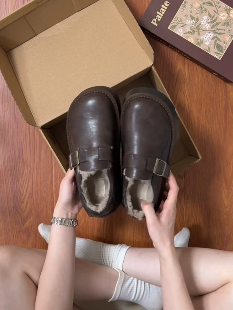 Phiên bản da bò ~ Giày Birkenstock đế dày mùa đông bằng da thật chống trượt dành cho nữ, giày lót lông ấm áp kiểu cổ điển có lót lông cừu