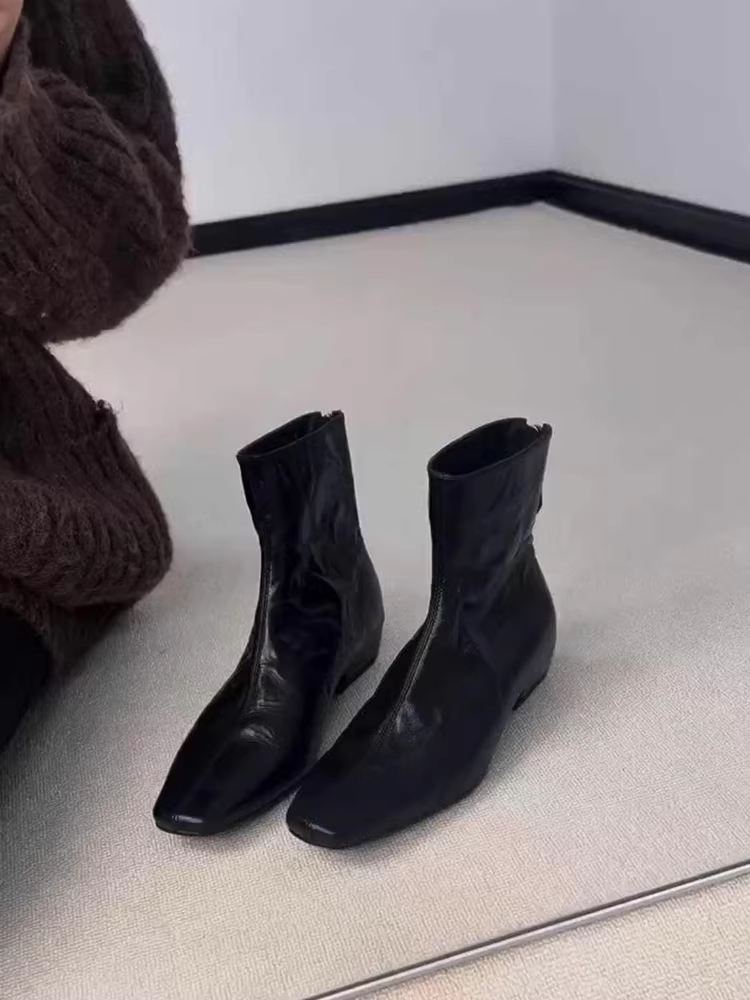 Phiên bản da bò~ Giày bốt ngắn da thật mũi vuông kiểu Pháp dành cho nữ có khóa kéo phía sau, gót thấp, thời trang, cao cấp, giày bốt thanh lịch, thanh lịch