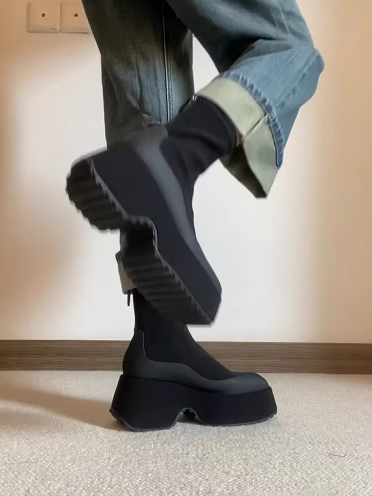 Phiên bản da bò ~ Giày bốt da thật đế dày co giãn dành cho nữ, giày bốt cổ ngắn phối màu mũi vuông tăng chiều cao, giày bốt Martin